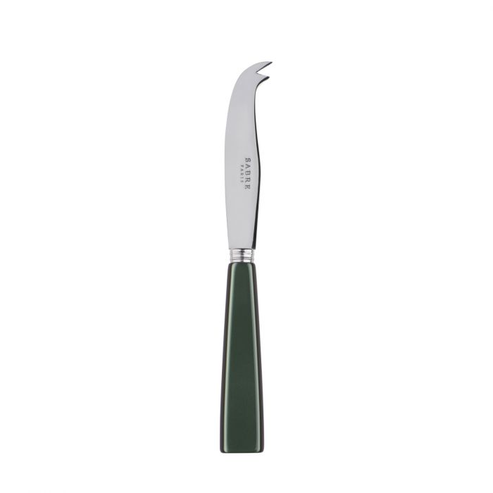 Small cheese knife with a curved stainless steel blade and a green handle, designed for easy cheese cutting and serving.