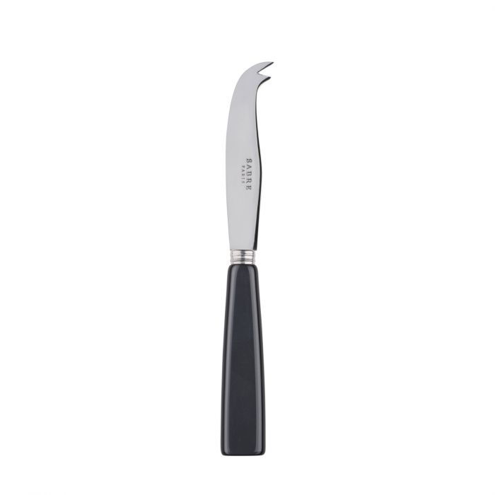 Small cheese knife with a curved stainless steel blade and a sleek black handle, ideal for serving cheese.