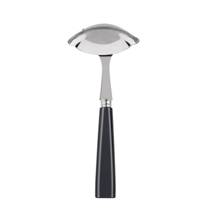 Sleek stainless steel gravy ladle with a curved bowl and a black handle, designed for elegant serving.