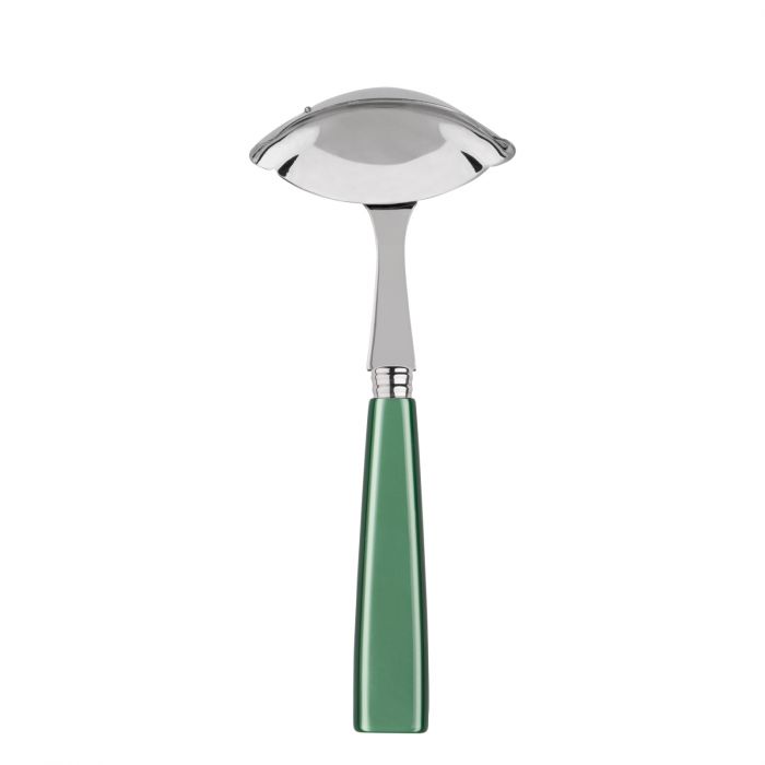 Stainless steel gravy ladle with a curved bowl and a green handle, designed for serving sauces and gravies.