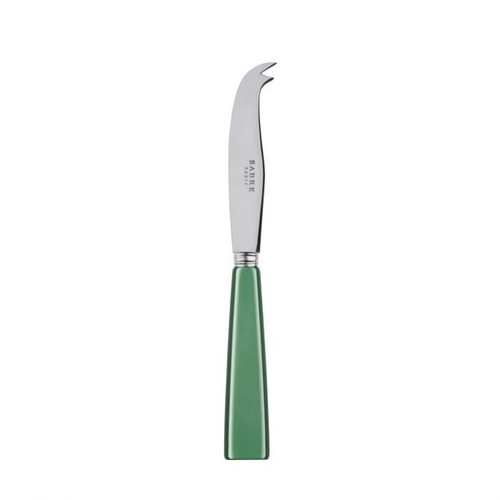 Small cheese knife with a stainless steel blade and a green handle, designed for cutting and serving cheese.
