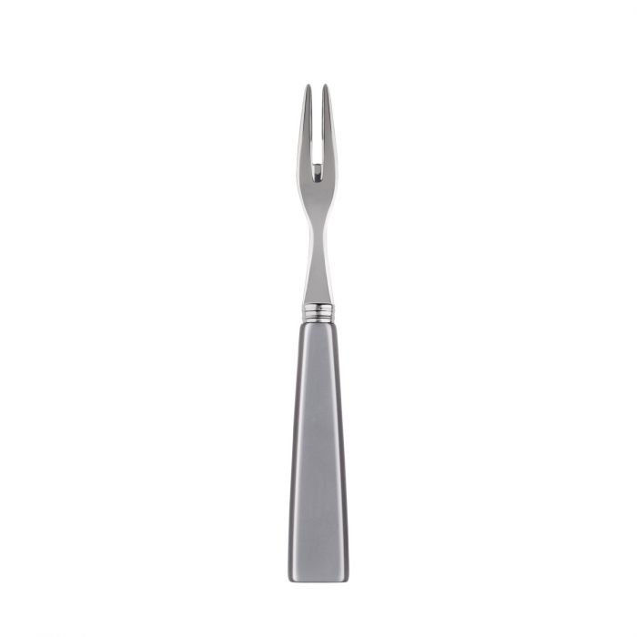 Sleek silver cocktail fork with a two-pronged design and a modern handle, ideal for appetizers and hors d'oeuvres.