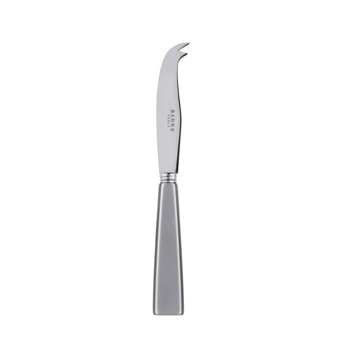 Small cheese knife with a curved blade and forked tip, featuring a sleek silver handle, ideal for serving cheese.