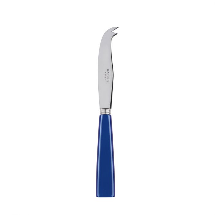 Small cheese knife with a curved stainless steel blade and a vibrant blue handle, designed for easy cheese cutting.