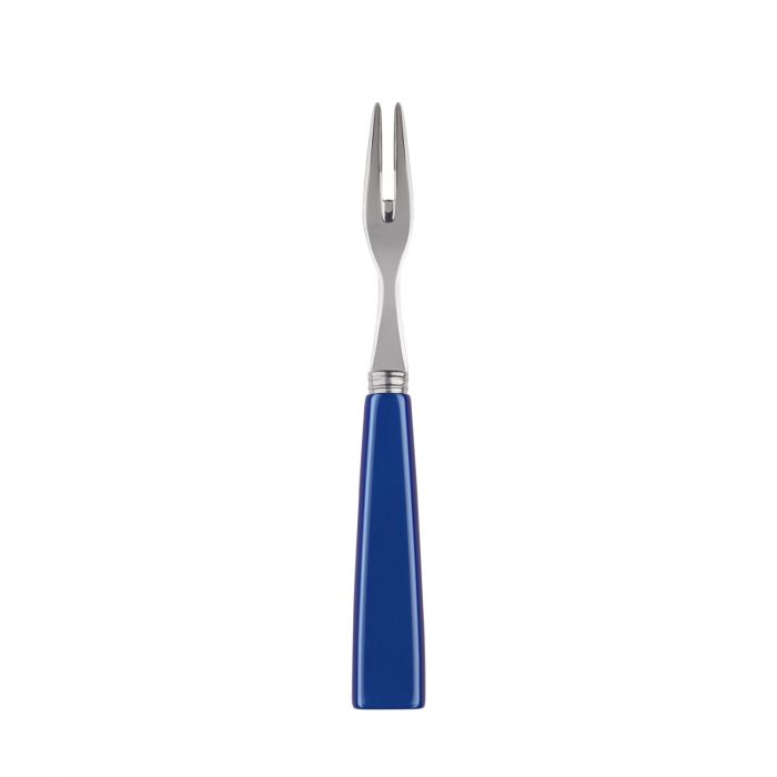 Blue-handled Sabre Paris Icône cocktail fork with a sleek stainless steel prong design, ideal for appetizers.