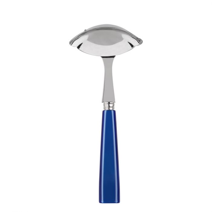Stainless steel gravy ladle with a deep bowl and a blue handle, designed for serving sauces and gravies.