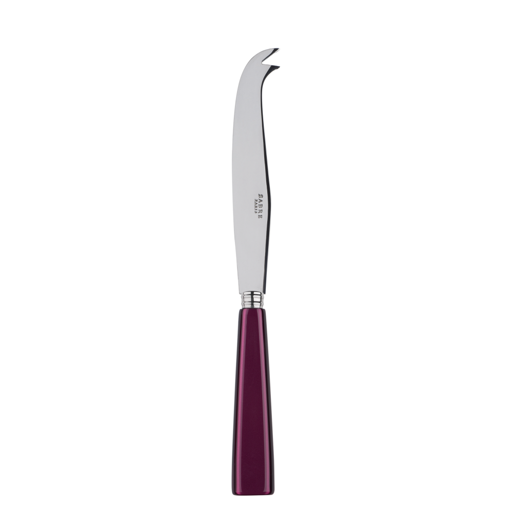 Large cheese knife with a sleek stainless steel blade and a rich purple handle, designed for cutting and serving cheese.