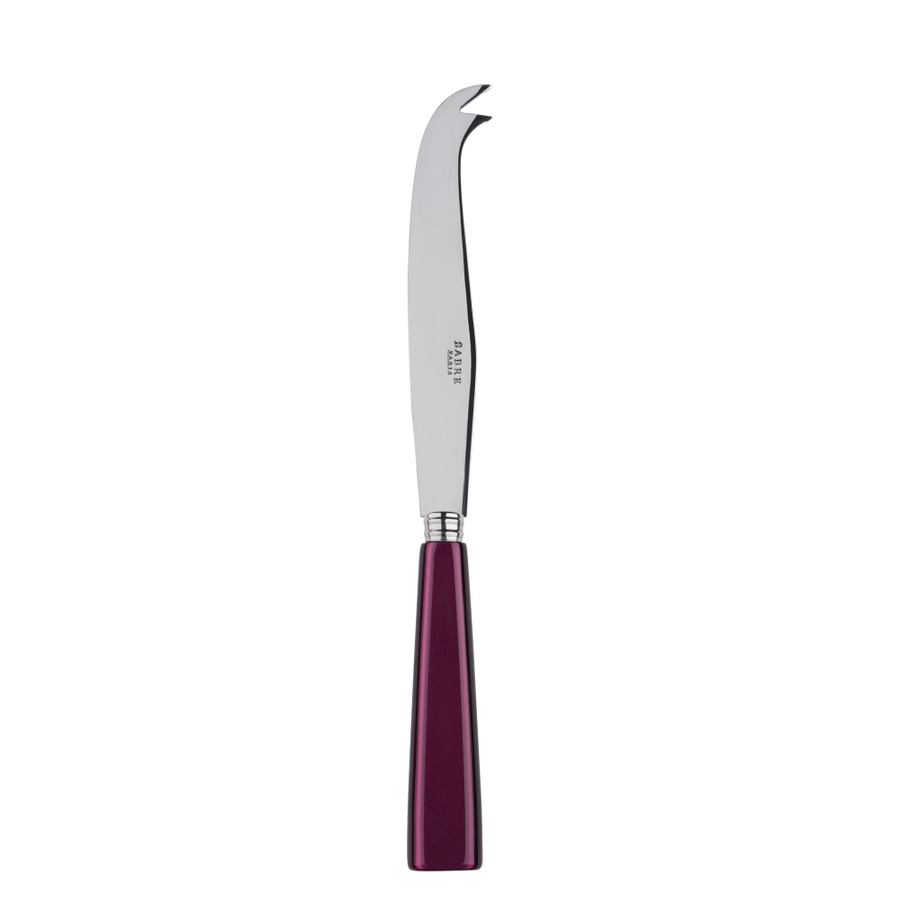Large cheese knife with a sleek stainless steel blade and a rich purple handle, designed for cutting and serving cheese.