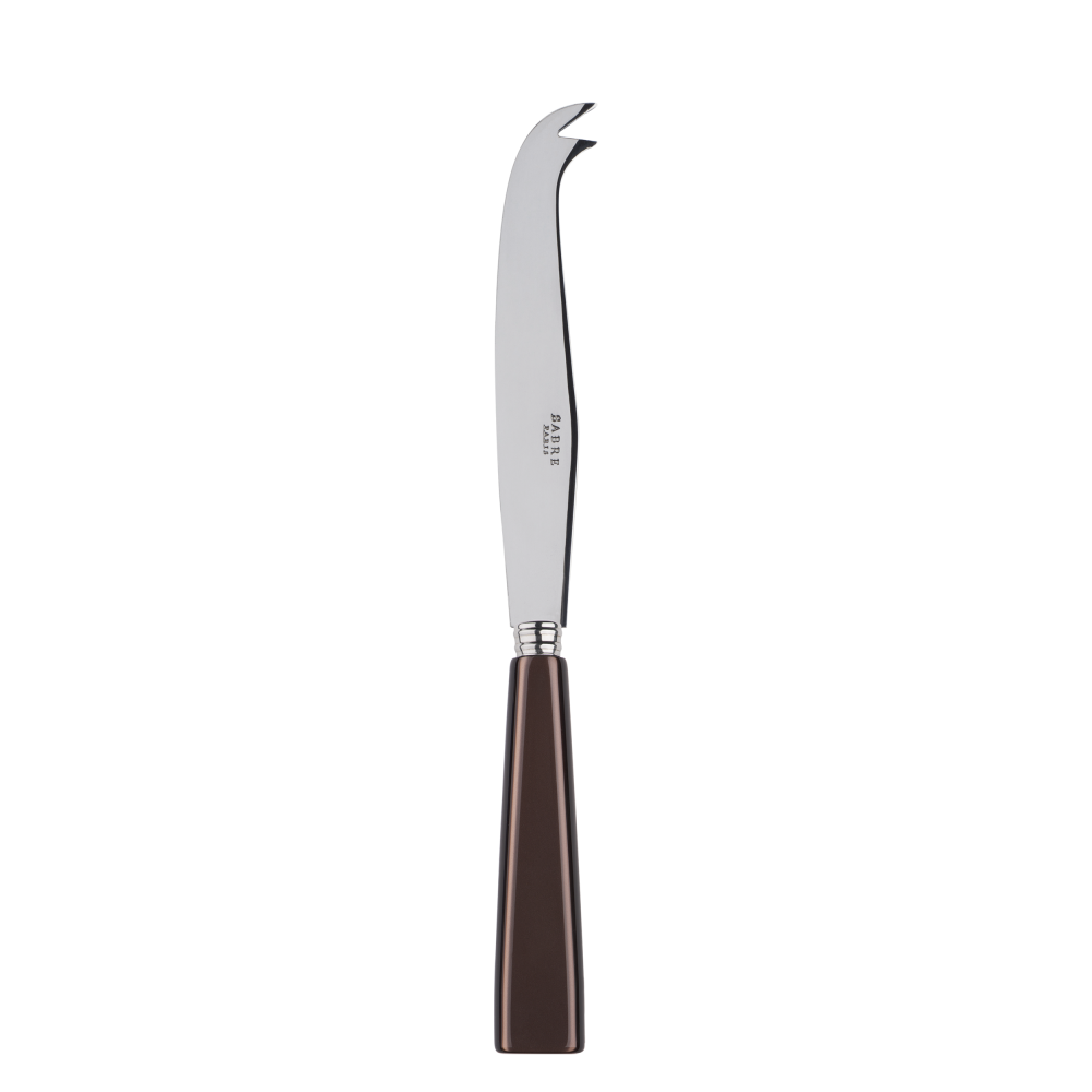 Large cheese knife with a sleek stainless steel blade and a brown handle, designed for cutting and serving cheese.
