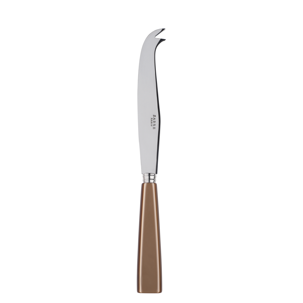 Large cheese knife with a stainless steel blade and a brown handle, designed for slicing and serving cheese.