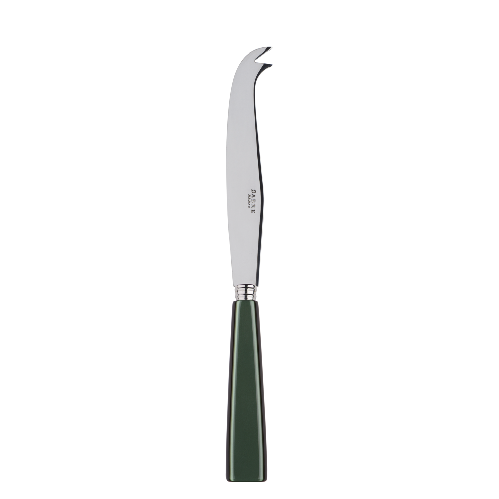 Large cheese knife with a sleek stainless steel blade and a green handle, designed for slicing and serving cheese.