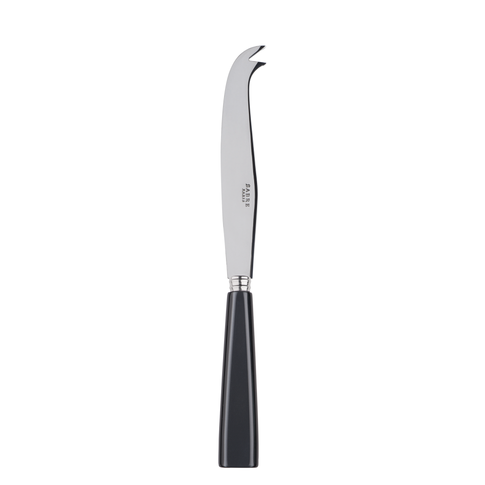 Large cheese knife with a sleek stainless steel blade and a black handle, designed for cutting and serving cheese.