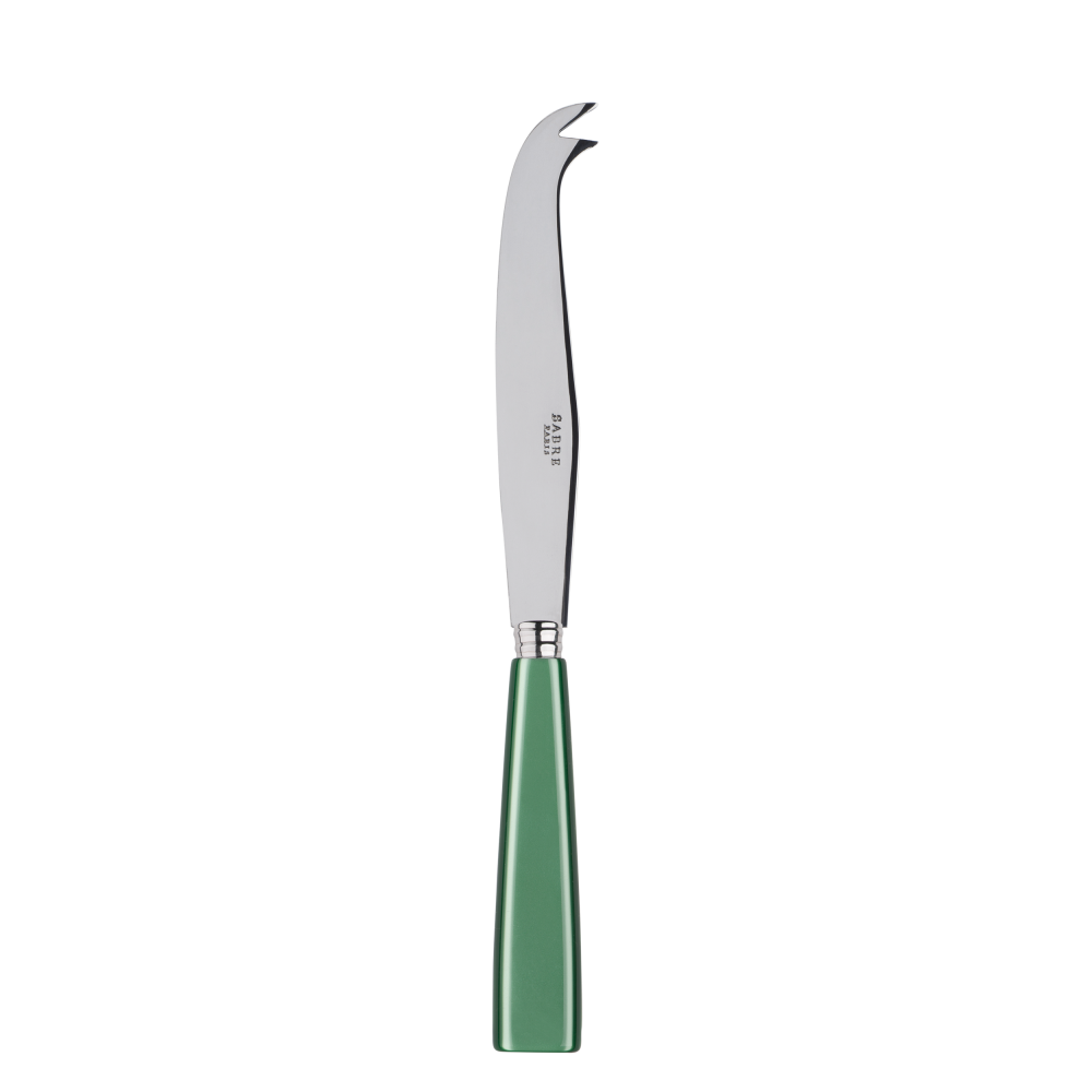 Large cheese knife from Sabre Paris Icône collection, featuring a stainless steel blade and a green handle.