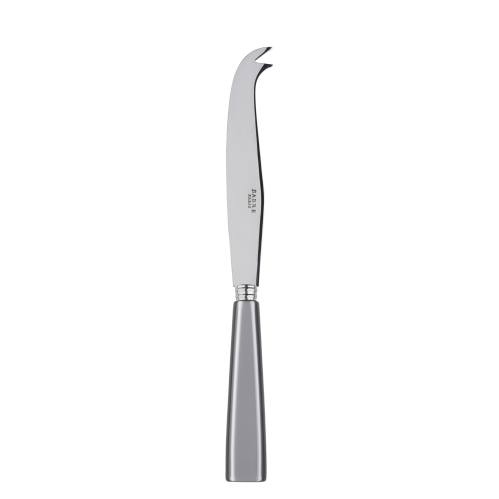 Large cheese knife with a sleek stainless steel blade and a smooth gray handle, designed for cutting and serving cheese.