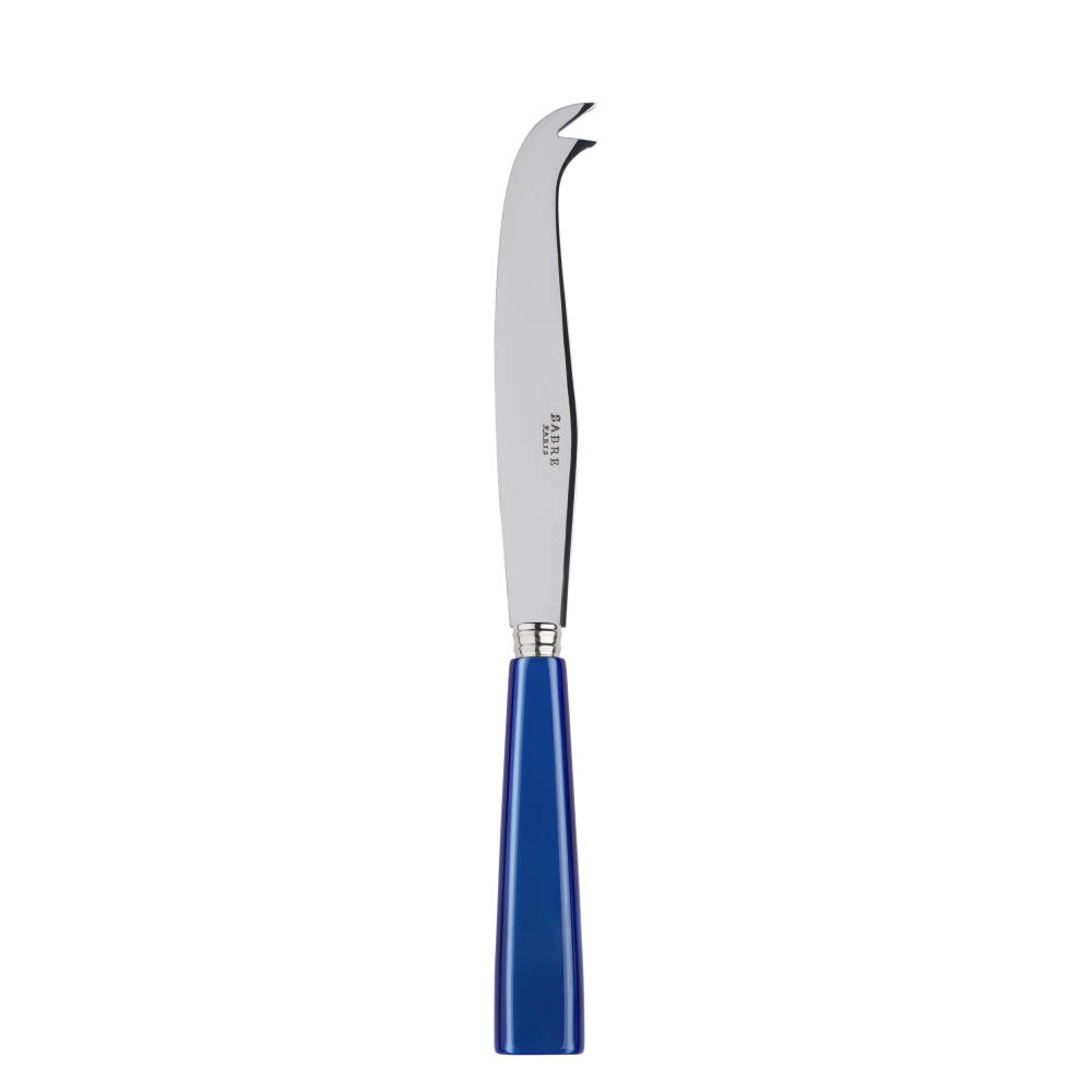 Large cheese knife with a curved stainless steel blade and a vibrant blue handle, designed for slicing and serving cheese.