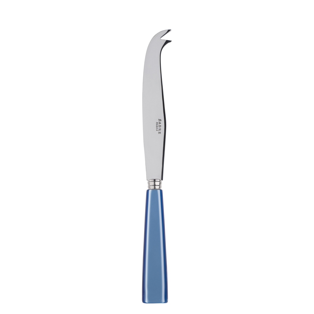 Large cheese knife with a curved stainless steel blade and a blue handle, designed for cutting and serving cheese.