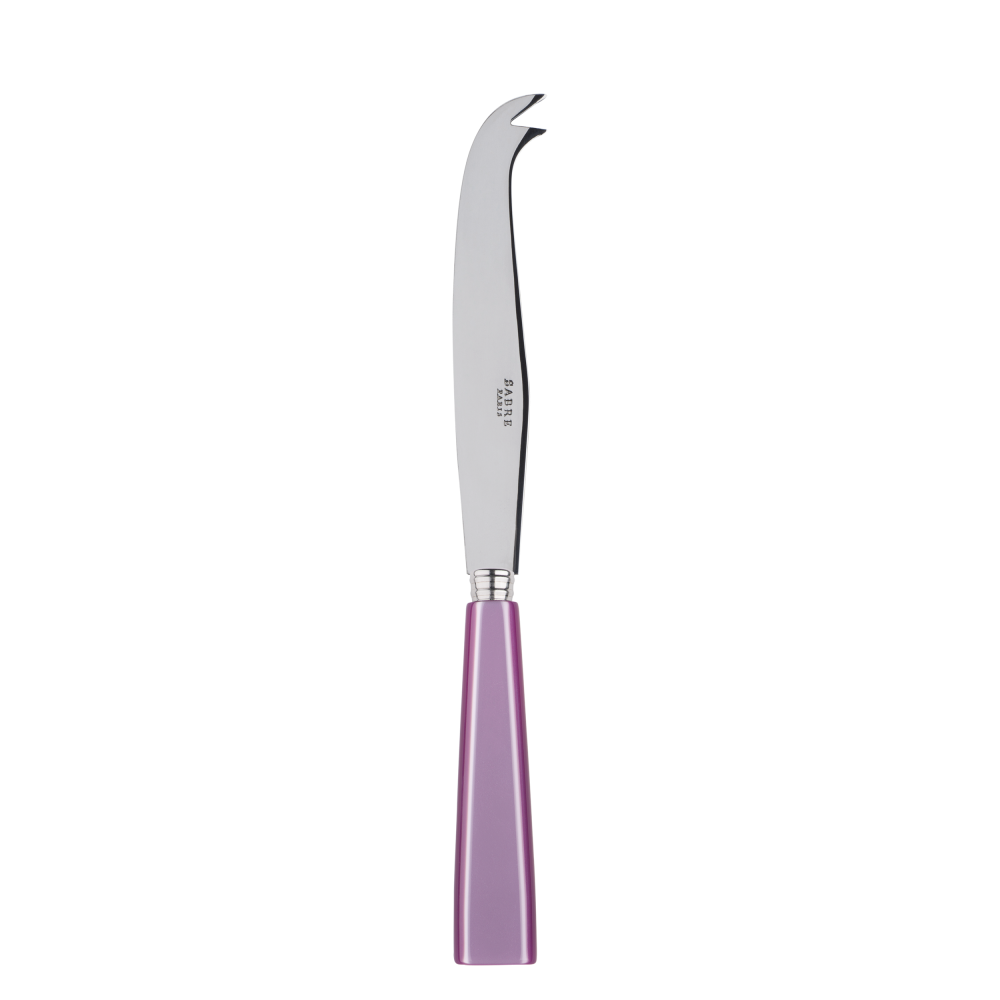 Large cheese knife with a curved stainless steel blade and a lavender handle, designed for slicing and serving cheese.