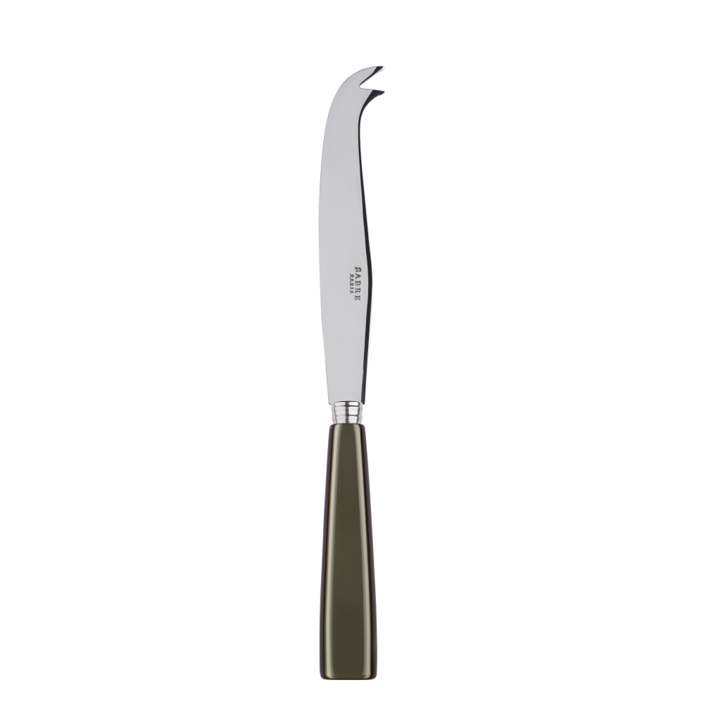 Large cheese knife with a sleek stainless steel blade and an olive green handle, designed for cutting and serving cheese.