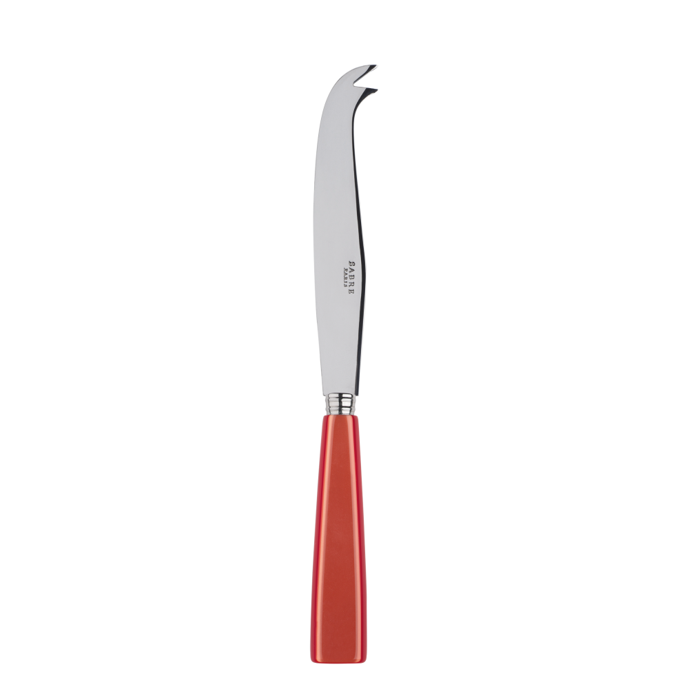 Large cheese knife with a stainless steel blade and a vibrant red handle, designed for cutting and serving cheese.