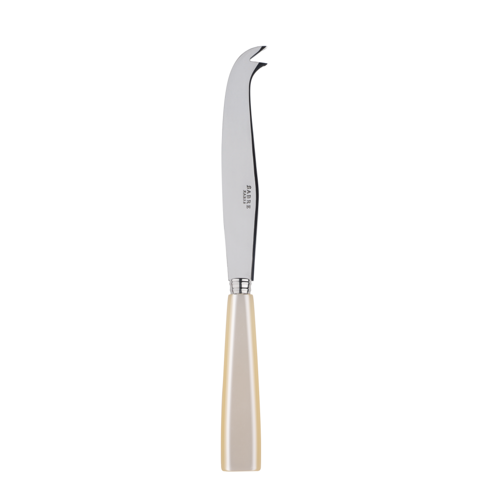 Large cheese knife with a stainless steel blade and a smooth, ivory-colored handle, designed for effortless cutting.