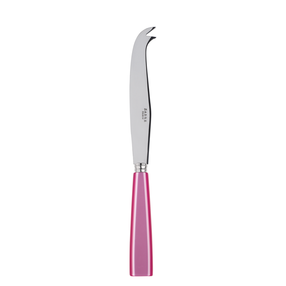 Large cheese knife with a stainless steel blade and a pink handle, designed for slicing and serving cheese.