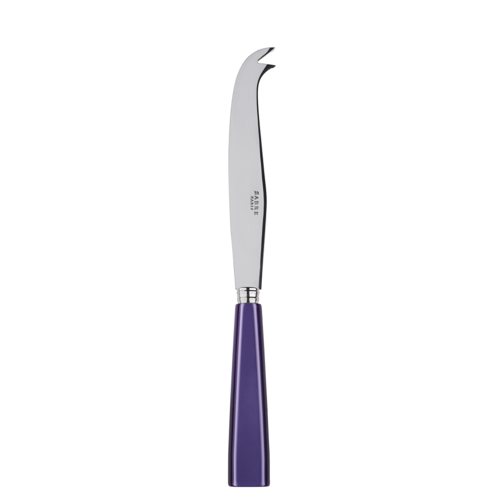 Large cheese knife with a curved stainless steel blade and a vibrant purple handle, designed for cutting and serving cheese.