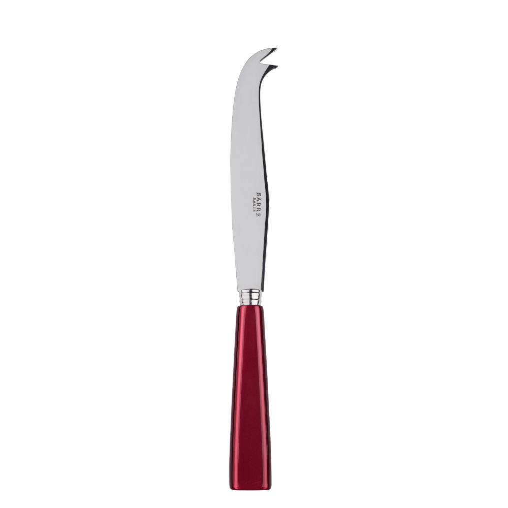 Large cheese knife with a curved stainless steel blade and a vibrant red handle, designed for slicing and serving cheese.