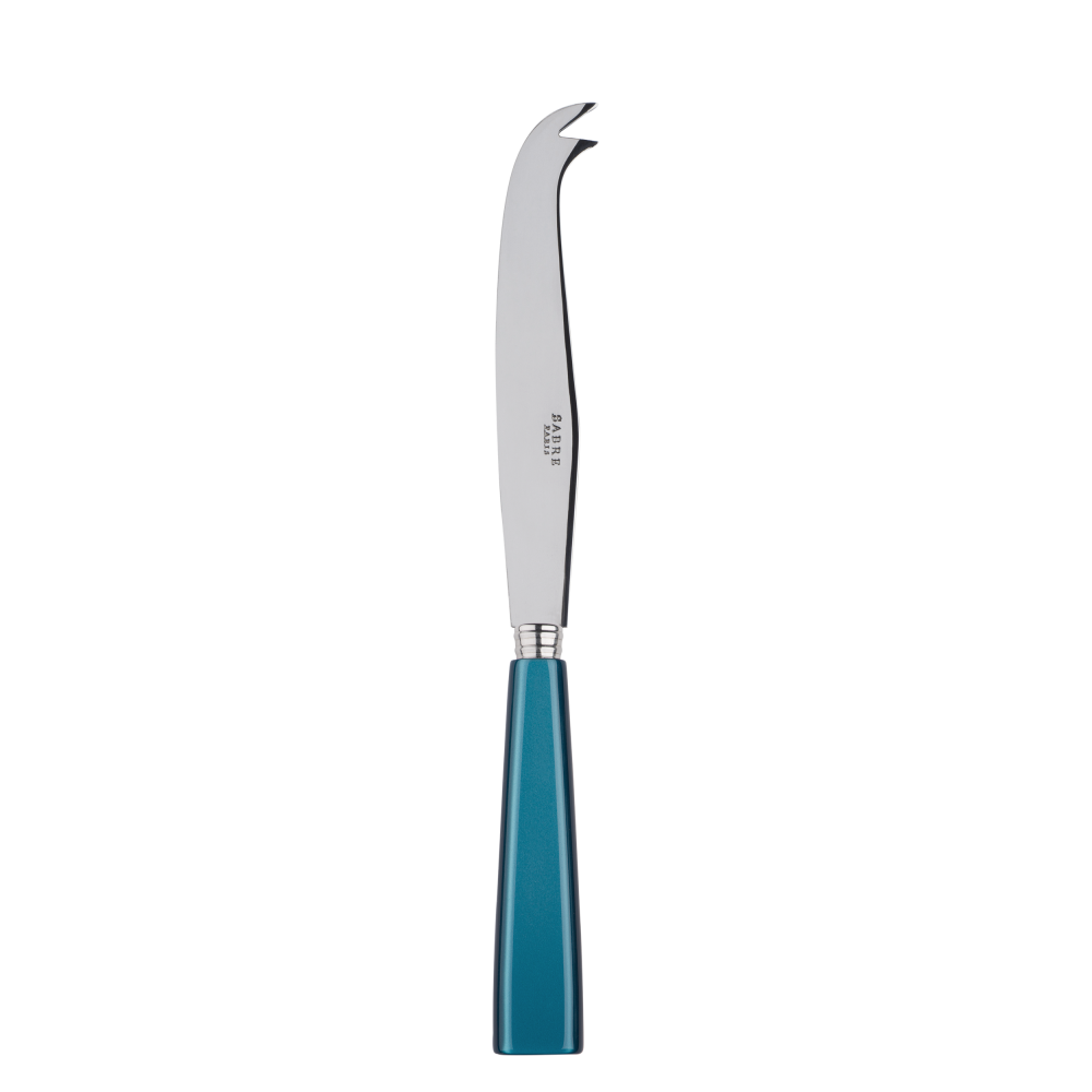 Large cheese knife from Sabre Paris Icône collection, featuring a sleek stainless steel blade and a teal handle.