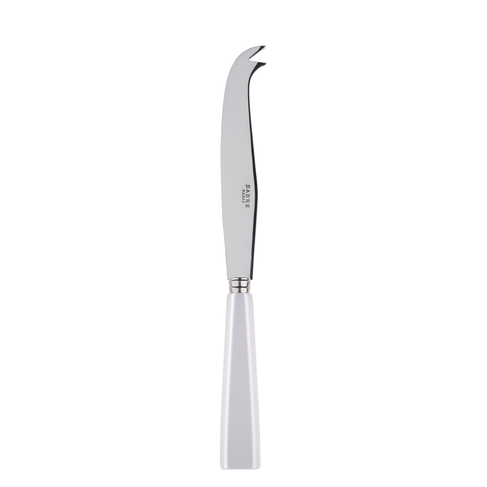 Large cheese knife with a sleek stainless steel blade and a white handle, designed for cutting and serving cheese.