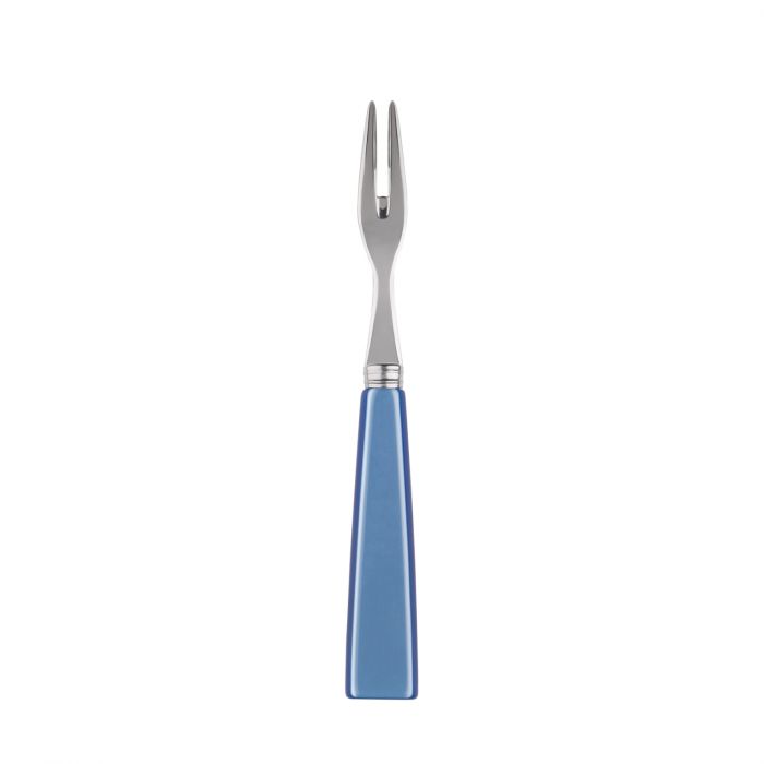 Blue-handled Sabre Paris Icône cocktail fork with a sleek stainless steel prong design, ideal for appetizers.