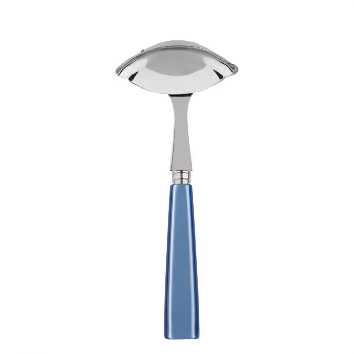 Stainless steel gravy ladle with a curved bowl and a blue handle, designed for serving sauces and gravies.