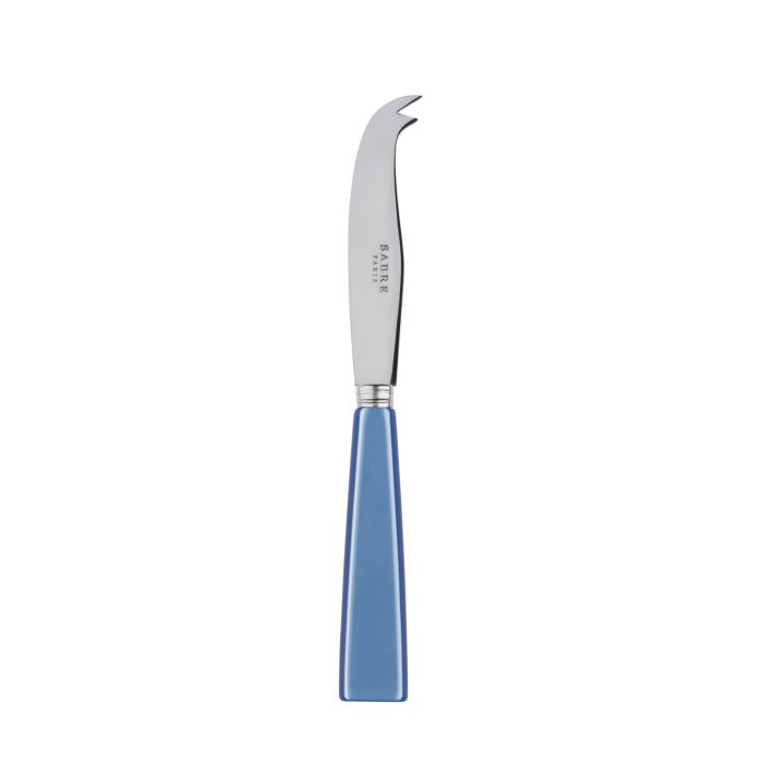 Small cheese knife with a curved stainless steel blade and a blue handle, designed for cutting and serving cheese.