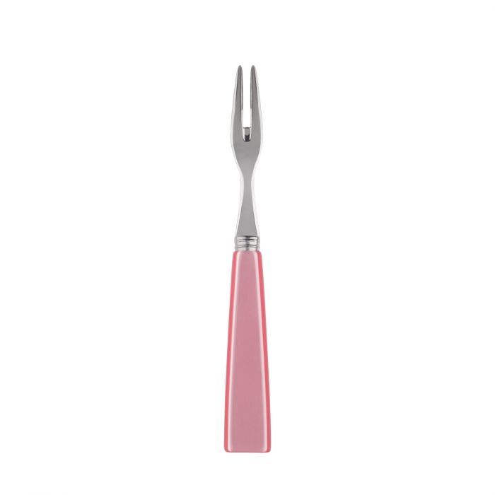 Pink-handled cocktail fork with a sleek stainless steel prong, designed for elegant serving and dining.