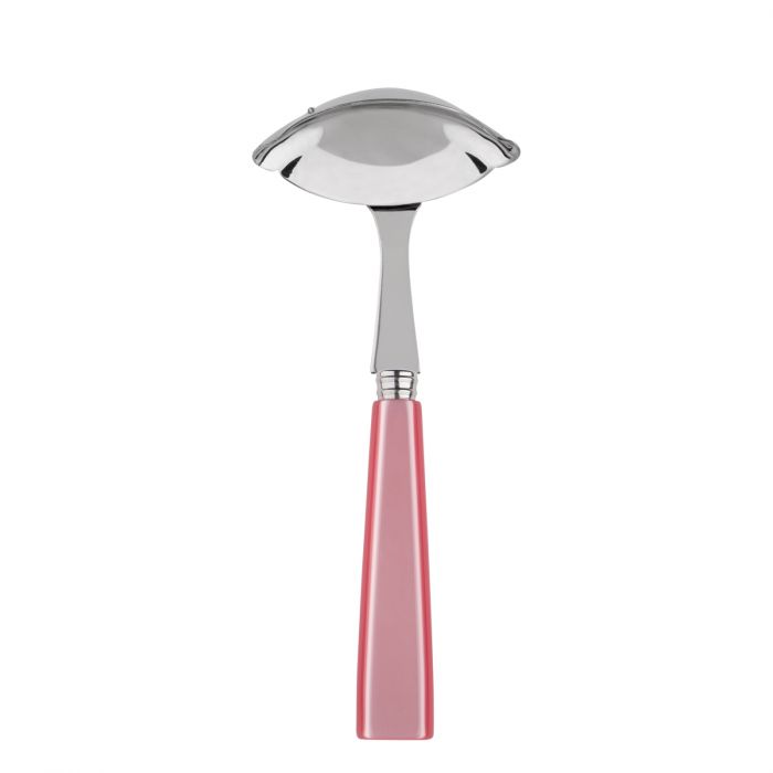 Stainless steel gravy ladle with a curved bowl and a pink handle, designed for serving sauces and gravies.