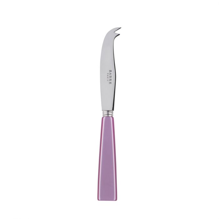 Small cheese knife with a curved stainless steel blade and a lavender handle, designed for easy cheese cutting and serving.