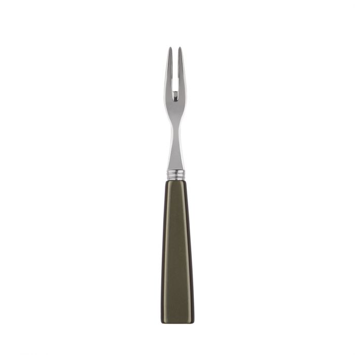 Sleek Sabre Paris Icône cocktail fork with a stainless steel prong and an olive green handle, ideal for appetizers.