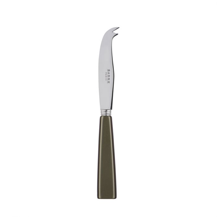 Small cheese knife with a curved stainless steel blade and an olive green handle, designed for easy cheese cutting.