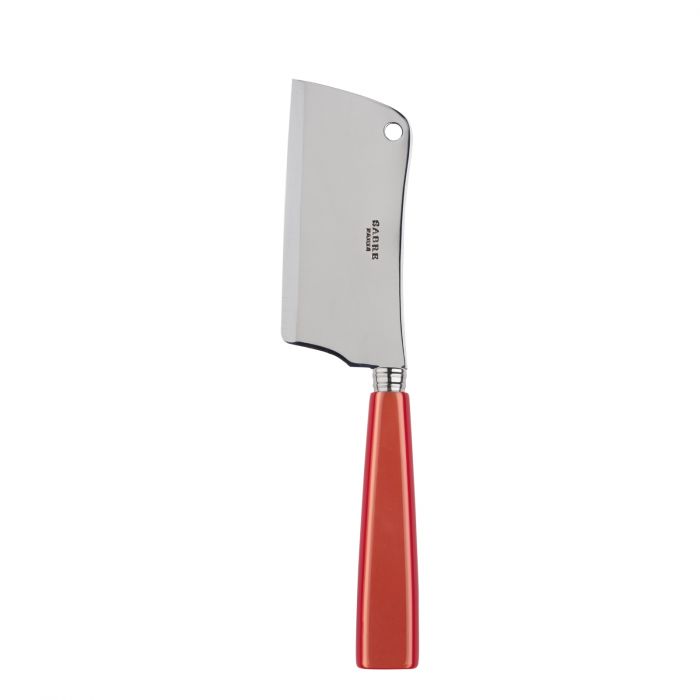 Stainless steel cheese cleaver with a red handle, featuring a wide, flat blade for cutting cheese.