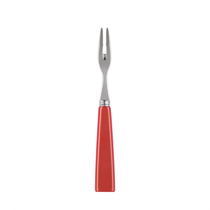 Red-handled Sabre Paris Icône cocktail fork with a sleek stainless steel prong design, ideal for appetizers.