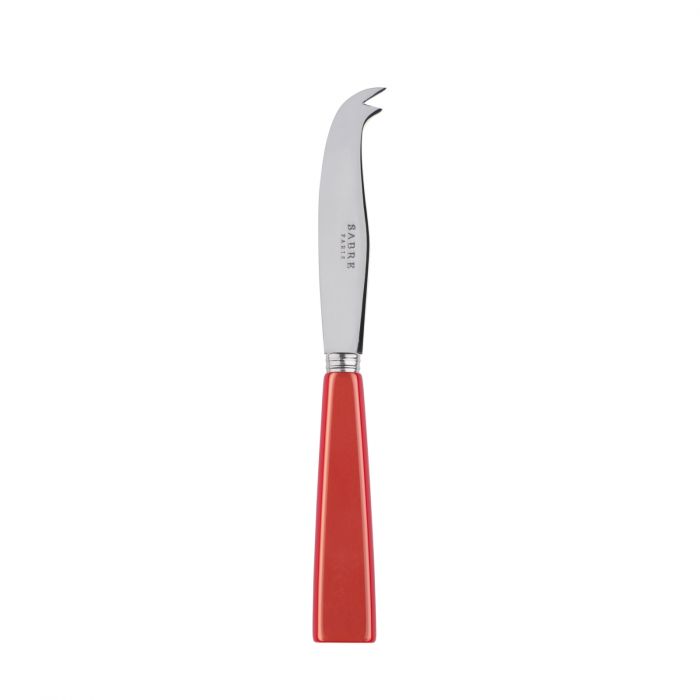 Small cheese knife with a curved stainless steel blade and a vibrant red handle, ideal for serving cheese.