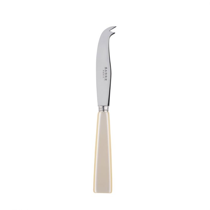 Small cheese knife with a curved stainless steel blade and a cream-colored handle, designed for elegant cheese serving.