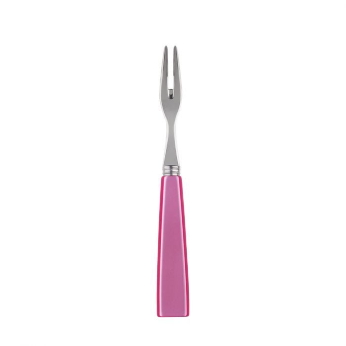 Pink-handled Sabre Paris Icône cocktail fork with a sleek stainless steel prong, ideal for appetizers and hors d'oeuvres.