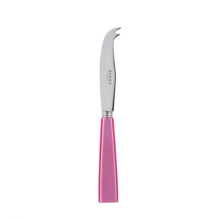 Small cheese knife with a curved stainless steel blade and a vibrant pink handle, ideal for serving cheese.