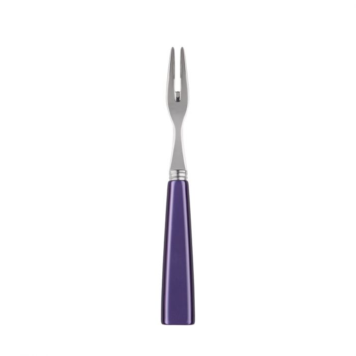 Silver cocktail fork with a sleek, purple handle, designed for elegant serving and dining experiences.