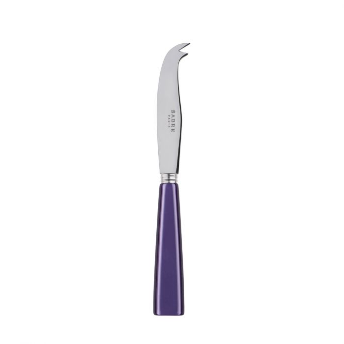 Small cheese knife with a curved stainless steel blade and a purple handle, designed for slicing and serving cheese.