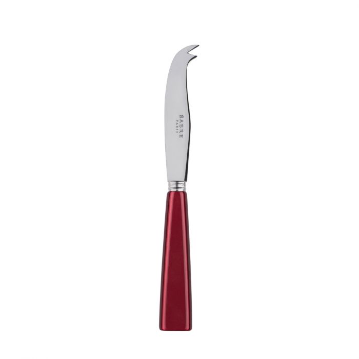 Small cheese knife with a curved stainless steel blade and a vibrant red handle, designed for easy slicing and serving.