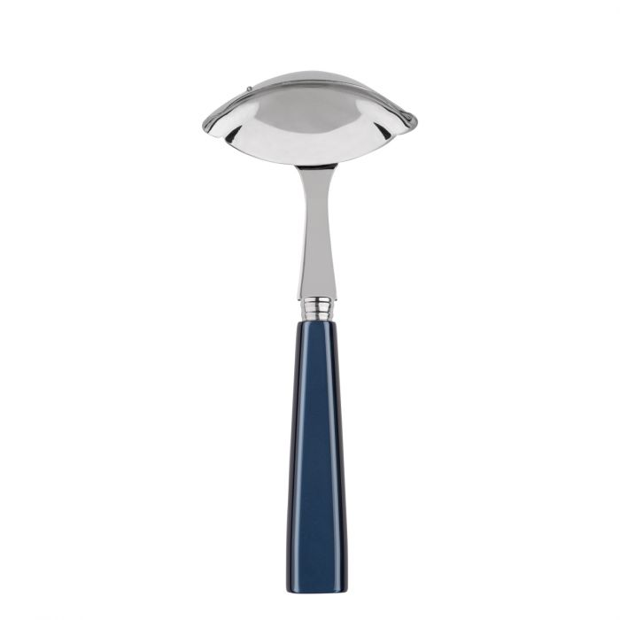 Sleek stainless steel gravy ladle with a curved bowl and a navy blue handle, designed for elegant serving.