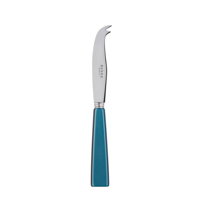 Small cheese knife with a curved stainless steel blade and a turquoise handle, designed for slicing and serving cheese.