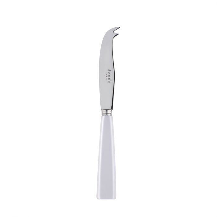 Small cheese knife with a curved stainless steel blade and a white handle, designed for easy cheese slicing and serving.