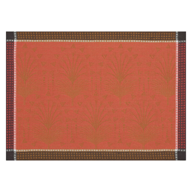 Le Jacquard Francais Cabaret Flamingo placemat featuring a vibrant coral background with elegant gold patterns and decorative borders.